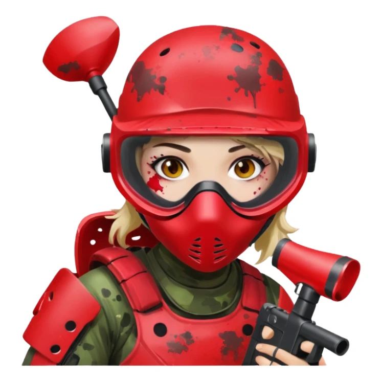 girl playing paintball with red paintball gear and only face sticker