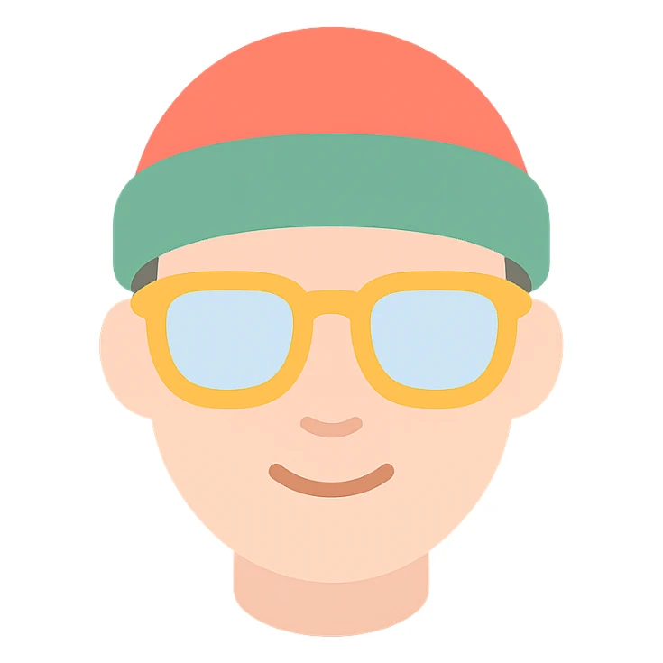 a face wearing a colorful hat and retro glasses, minimal and flat colors, icon style sticker