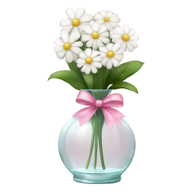 white flowers in glass vase with pink bow tied sticker