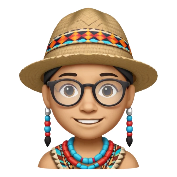 cute Indigenous tribal character portrait, head and shoulders only, wearing glasses, stylish hat, friendly smile, colorful tribal patterns, 3D cartoon, mobile game icon style, clean background, no text, no watermark
 sticker