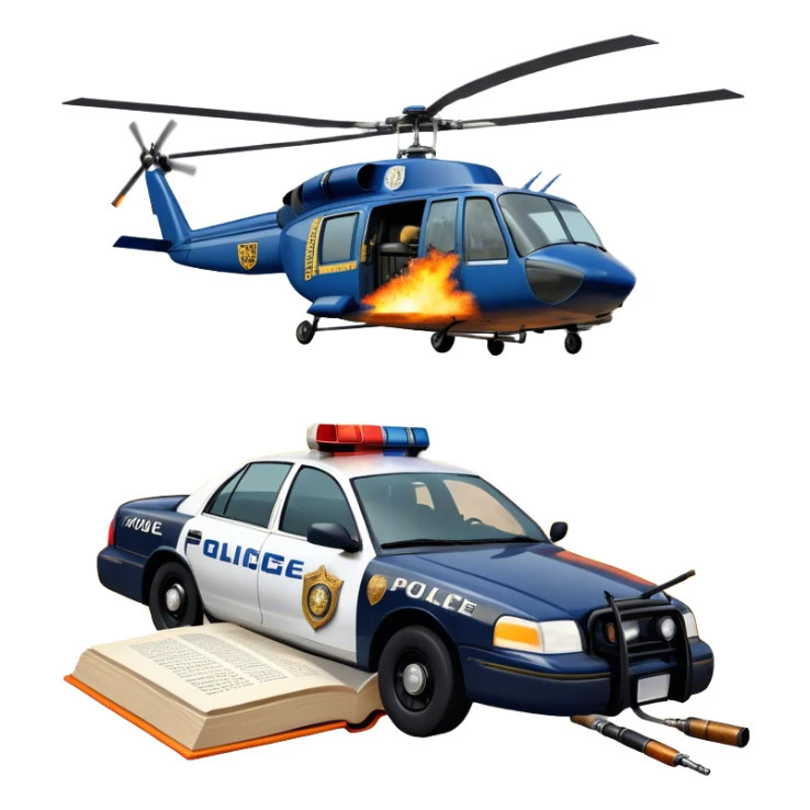Icon for Action & Crime Reading: an open book with text, from which a police car is driving out along the pages, with explosions behind, a helicopter flying overhead, a gun with ammo and grenades in front. Transparent background. sticker