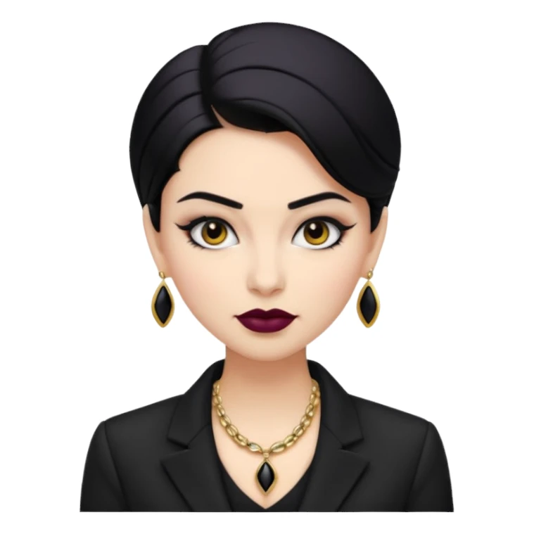 “Emoji girl, sculpted contour, bold dark lipstick, defined brows, sharp eyeliner, sleek black hair updo, statement necklace, black blazer.” sticker