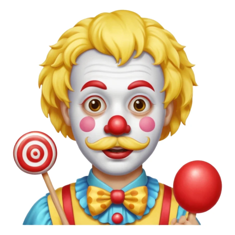 Funny clown — yellow wig, mustache, candy in hand sticker