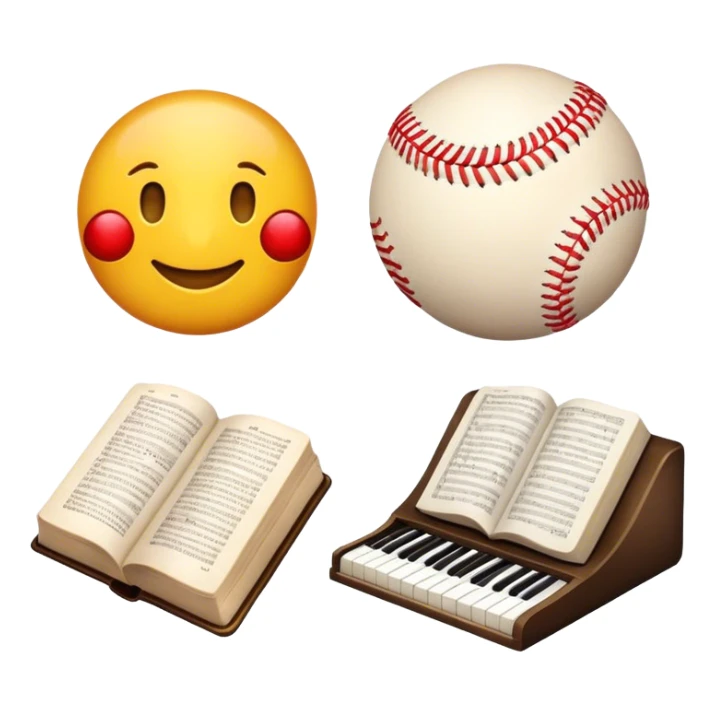 an emogi devided in 4 parts, one part is a Bible, another one is a baseball, another one is a piano and the last one represents science. sticker