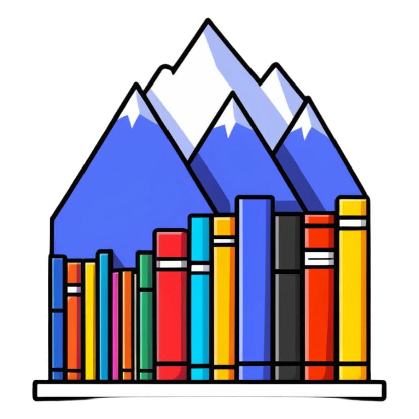 A mountain of books reaching high with colorful book spines visible sticker
