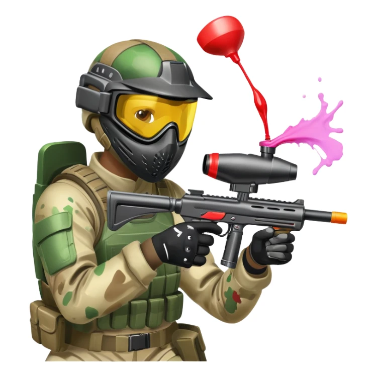 A paintball player in full gear, aiming a paintball gun with focus and determination. The scene includes vibrant splashes of paint and a dynamic battlefield setting, emphasizing action, strategy, and teamwork in a competitive environment sticker