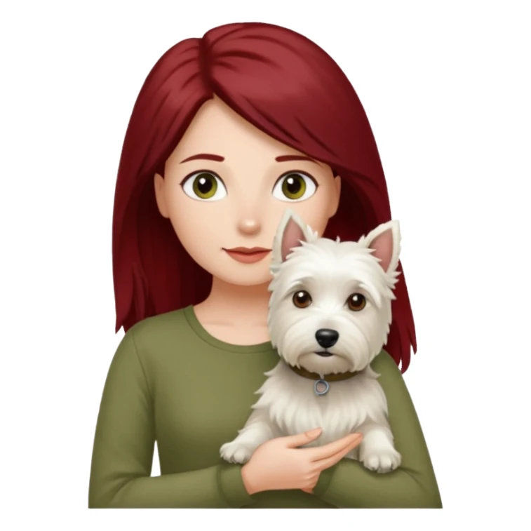 Westie white terrier dog being held by woman with dark red long hair and hazel eye wearing olive green top sticker