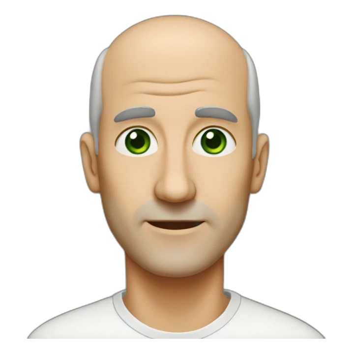 55-year-old man, a long nose, green eyes, balding sticker