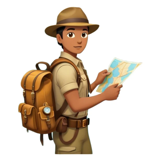 Icon for Adventure Movie: A vintage poster-style design featuring a daring explorer with a map, compass, and backpack. Include dramatic landscapes like jungles, mountains, and rivers, with a dynamic action scene. Bold, adventurous colors and a retro cinematic feel. Transparent background. sticker