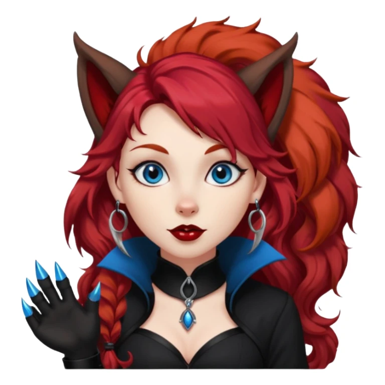  long curly red hair (darker), red pointed ears with black trim, black goth outfits, body and face human, blue eyes, more pointy chin, black lipstick, big fluffy red squirrel tail with black tips, like the attached photo with more outfits and poses,  sticker