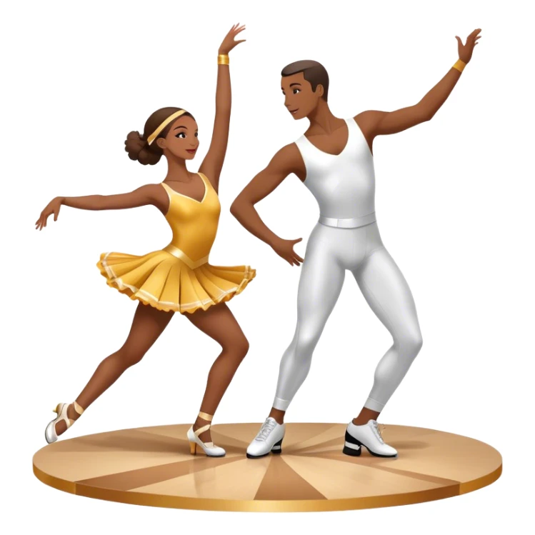 Icon for Sports Dance: a couple performing an energetic synchronized dance in competitive attire, with dance shoes, a rhythmic dance floor, and a competition backdrop. The icon should represent athleticism, technique, and precision. Transparent background. sticker