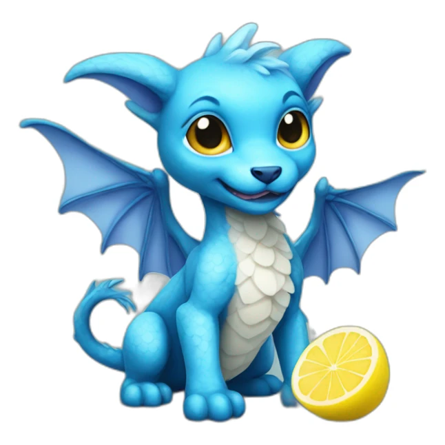 Blue dragon puppy with wings holding a lemon sticker