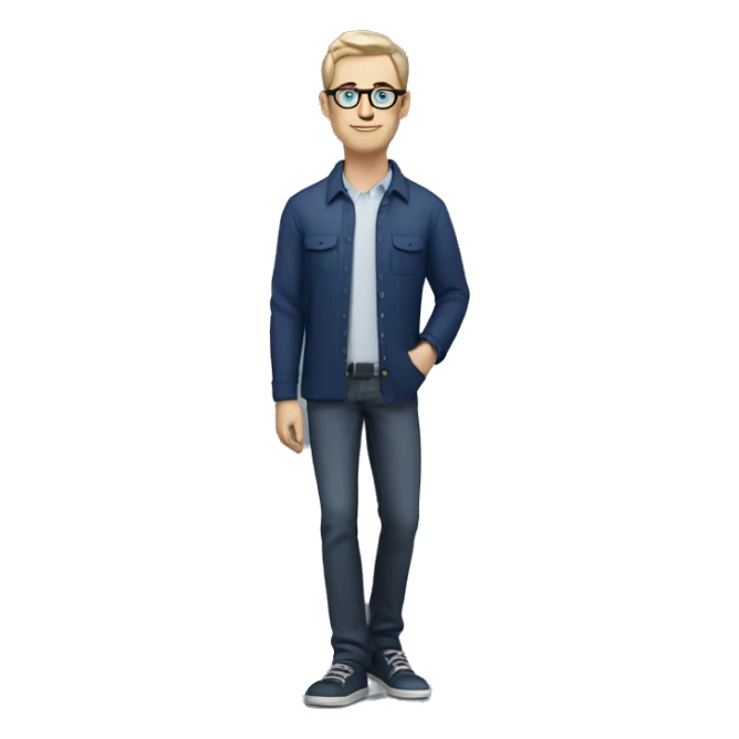 caucasian white man with dark hair, blue glasses, and carrying design plan because he is an architect and a pencil and a set model maquette. wearing a navy blue long sleeve shirt. smart.  sticker