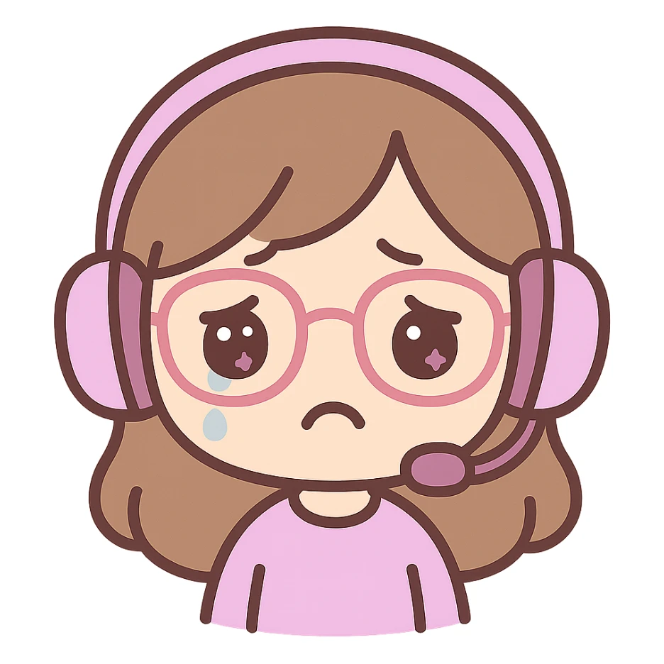 chibi style female brunette with glasses and a purple gaming headset, sad facial expression sticker