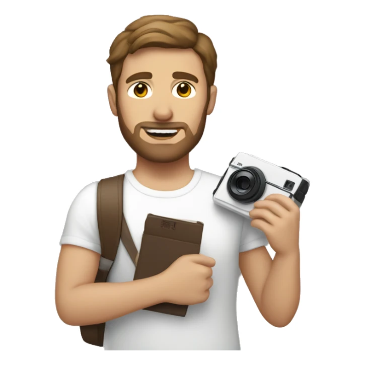 white man with brown hair holding a polaroid camera sticker