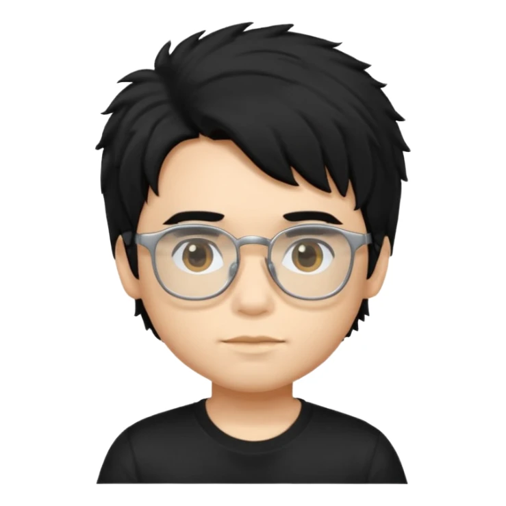 a boy wearing black t-shirt, has fluffy black hair and silver rectangular glasses sticker