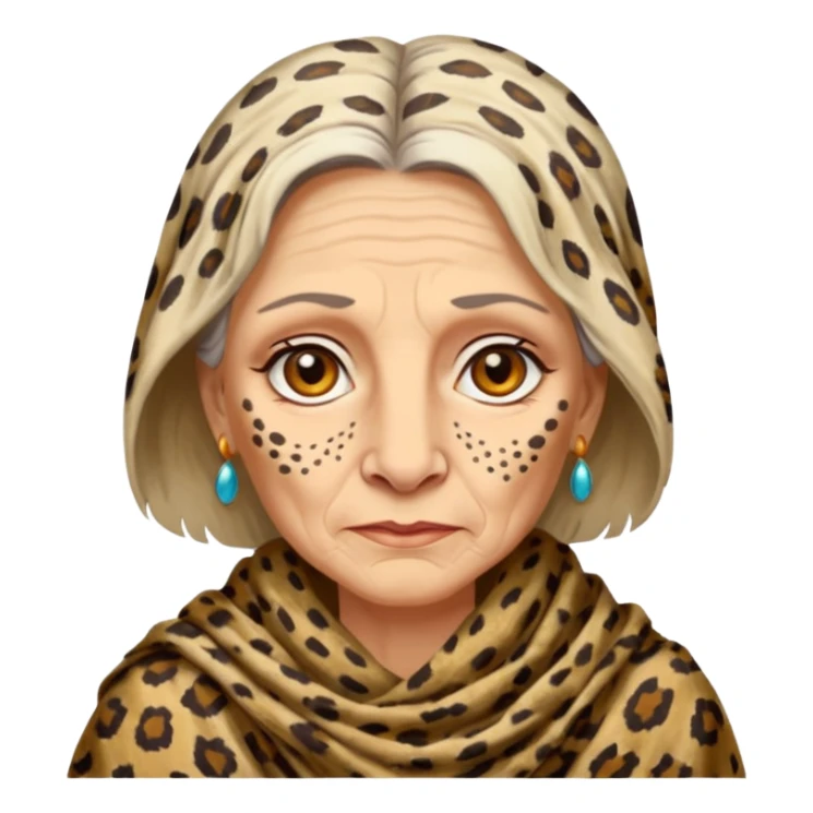 ancient white woman, tattered leopard skin shawl sticker