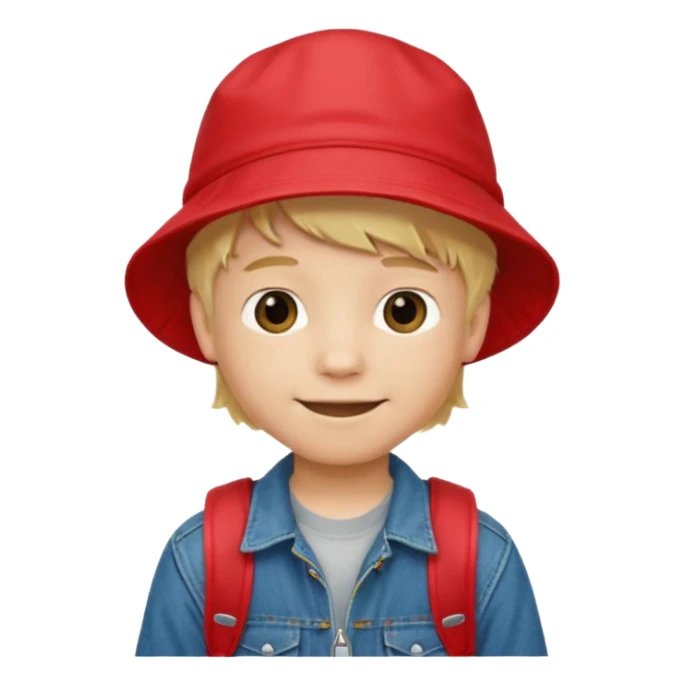A little boy student, blonde hair, with red bucket hat, jean jacket, backpack sticker