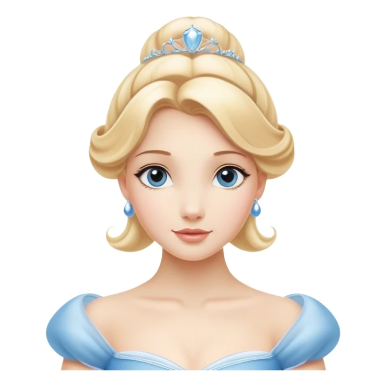 Cinematic Elegant Cinderella Portrait Emoji, rendered in a cinematic, vector-style with minimal shading and bold, simplified shapes. Depict Cinderella in her classic ball gown (chest and above) with fair, porcelain skin and elegantly styled blonde hair, her eyes soft and kind, and her expression serene and graceful. The design glows with a gentle, enchanting radiance and high shine, capturing the timeless beauty of a fairy tale princess. sticker