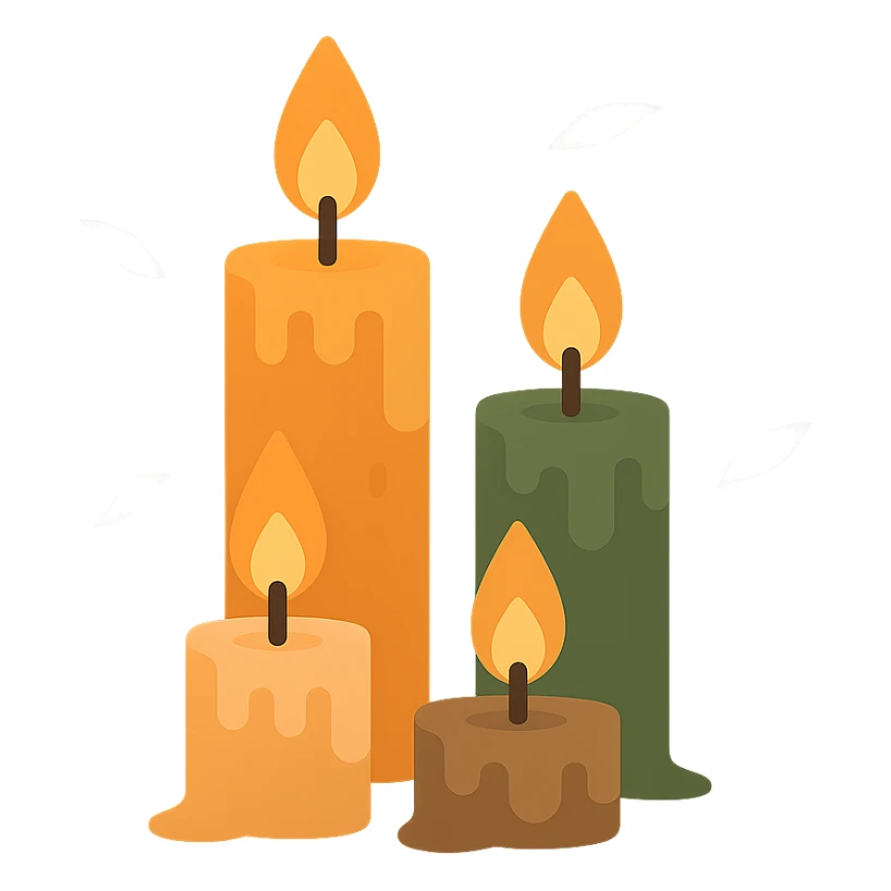 A set of slightly eerie, glowing wax candles with flickering flames, designed in a warm yet mysterious color palette: golden orange (FA9B41), deep forest green (4A7C5C), muted taupe brown (96775A), and soft pastel peach (FFCC9A). The candles are worn, with slightly uneven wax drips and an aged appearance, casting soft, flickering shadows. The flames glow in shades of soft orange and warm yellow, creating a haunting yet inviting atmosphere. The background is dark, with subtle mist or floating leaves around the candles, enhancing a slightly gothic, mysterious vibe. The overall scene has an enigmatic and cozy feel, combining warmth with an underlying sense of intrigue. sticker