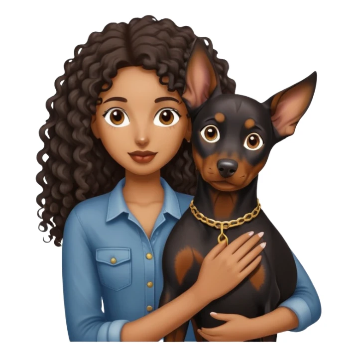 Black girl with long hair holding a Doberman dog sticker