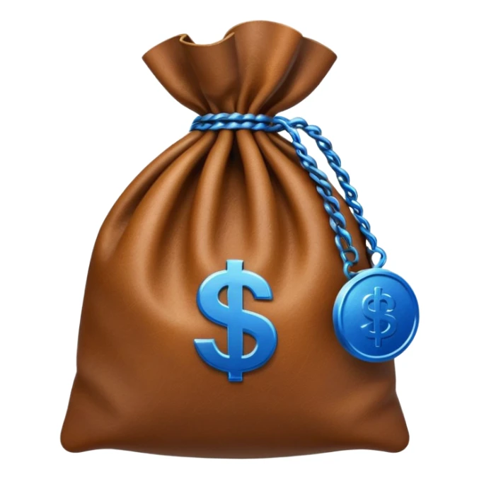 brown money bag with a blue coin  sticker