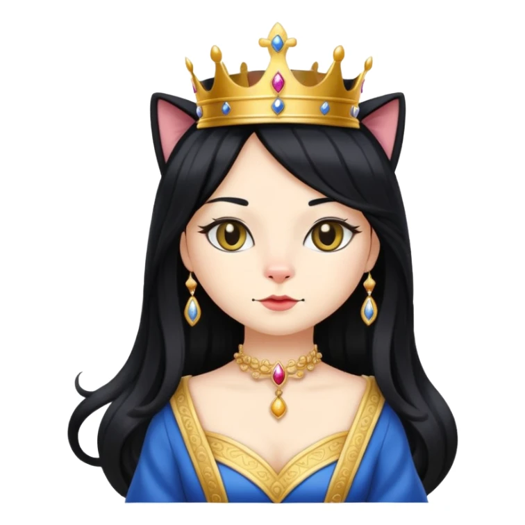 cat in royal queen attire, long flowing black wig sticker