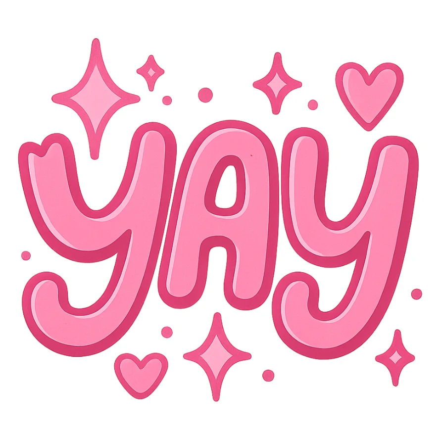 the word 'yay' in a creative, pink-themed style sticker
