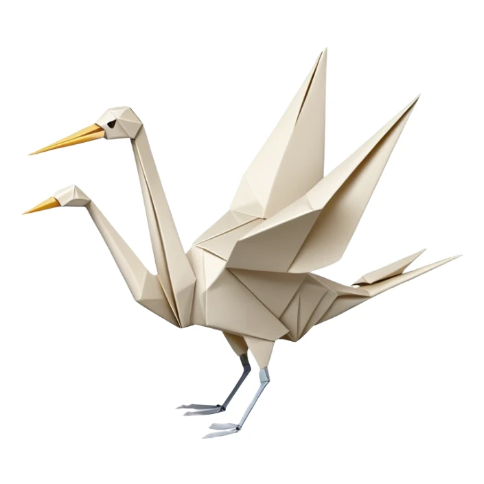 Cinematic Realistic Origami Crane Emoji, featuring a beautifully folded paper crane with crisp, delicate edges and intricate creases. The elegant structure casts soft shadows under warm, natural lighting, with a subtle texture of fine paper enhancing its serene and symbolic presence. sticker