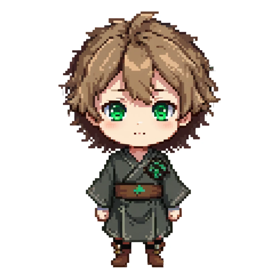 Young Rudeus Greyrat chibi, big green eyes, round face, messy light brown hair, wearing a tunic, cute and curious anime style sticker