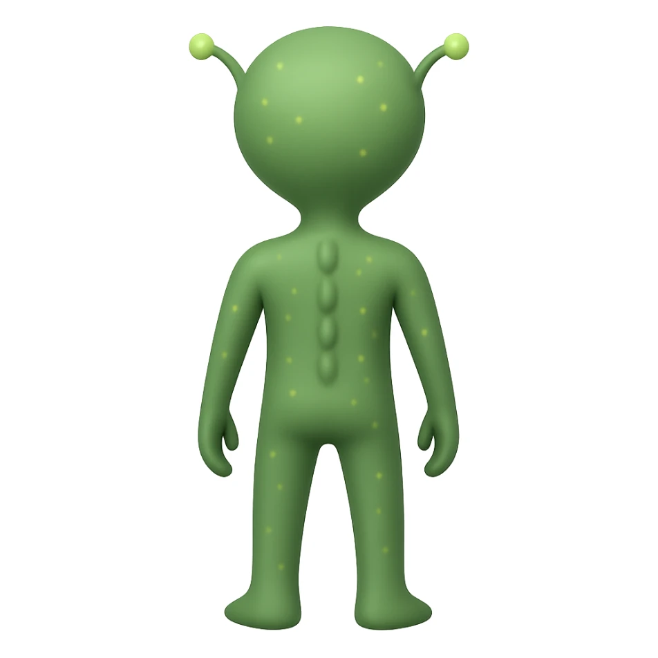 Add more details to this rear view alien in emoji style: visible antennae, subtle back ridges, small glowing spots, and a hint of feet, no background. sticker