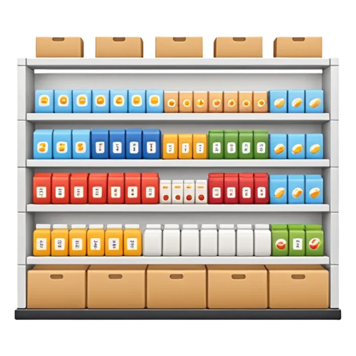 "Minimalist Japanese retail shelf display, products arranged in identical horizontal rows, with multiple units of each item placed directly behind one another, vertically varied by type, clean spacing, precise symmetry, soft neutral lighting, front-facing packages, ultra-detailed." sticker