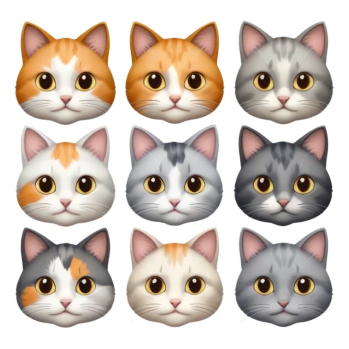 6 realistic looking cats with different natural coloured coats, assorted grey and white, greys, calico colours etc
 sticker