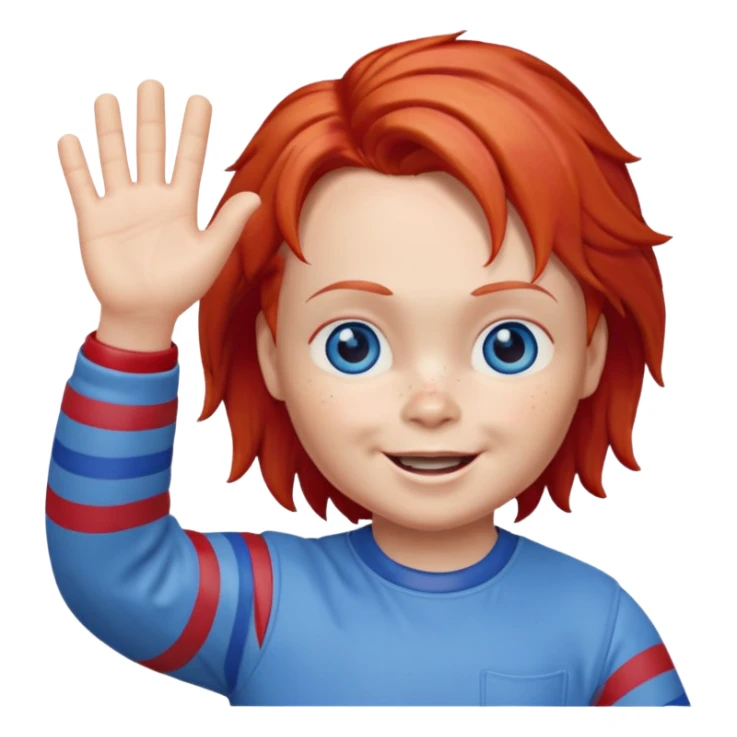 Can you create an emote for me referencing the Chucky character, with a happy and cute expression, that's waving sticker