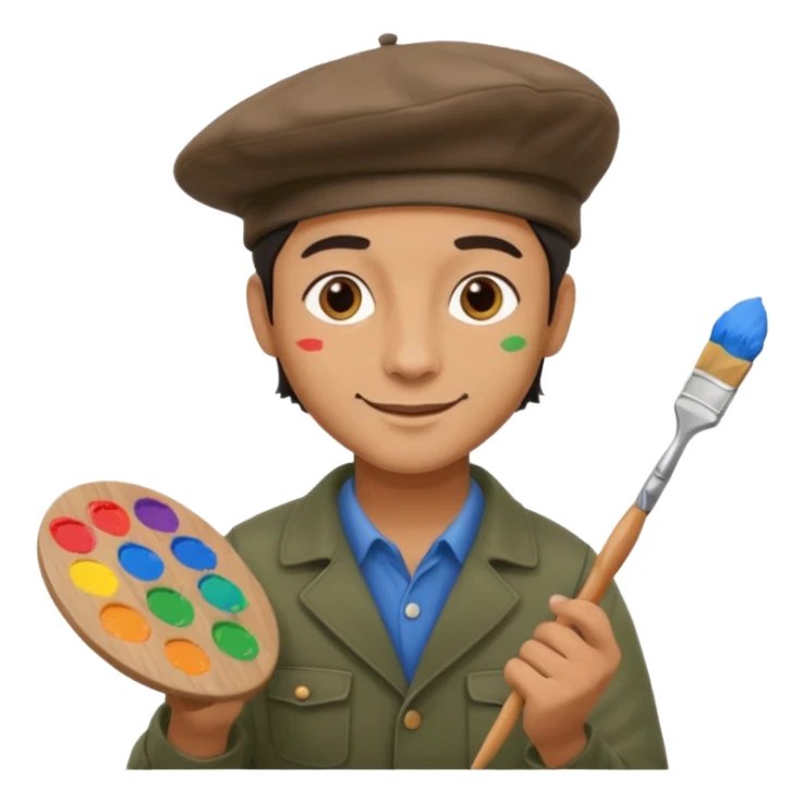 professional painter man wearing a beret holding a paintbrush with a paint palette cheerful expression sticker