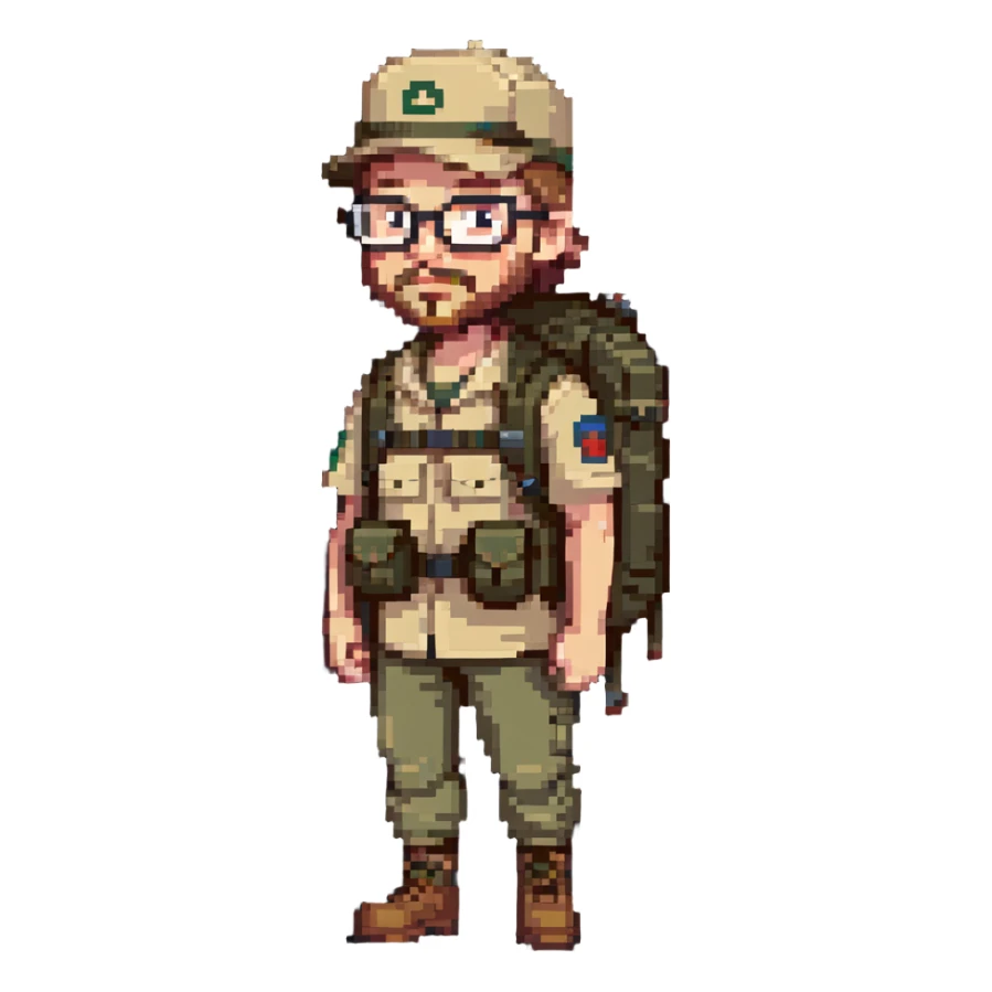 adventurer with goatee beard (no beard on cheeks), short hair, glasses, backwards military tan cap and backpack sticker