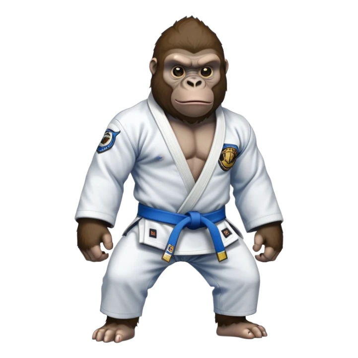 Gorilla in a jiu jitsu gi with a blue belt sticker