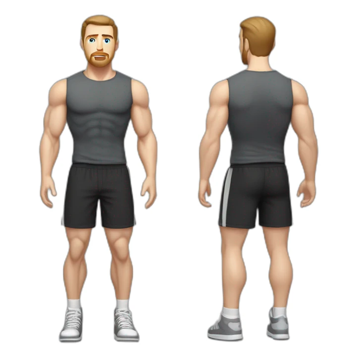 Full height Pale skinned muscular man With Realistic eyes and mouth, light brown hair and stubble In dark gray sleeveless mike, black oversize sports shorts, watch and white sneakers. sticker