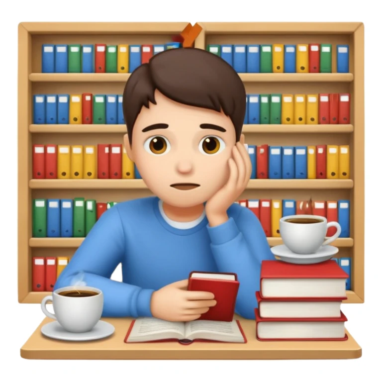 emoji student stressed with books and coffee, exam, tired, white background sticker
