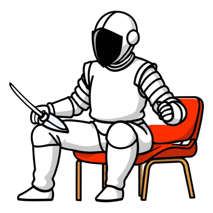 epee fencer sitting on stool holding mask under arm before match sticker