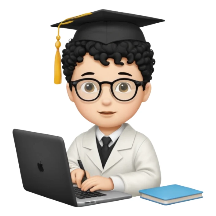 A baby boy DEVELOPER WITH A laptop, black curly hair and topknot, wearing glasses and a mortarboard sticker