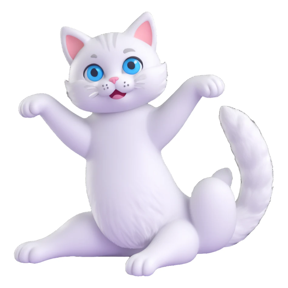 3d style cat, stretching, white fur, blue eyes sticker