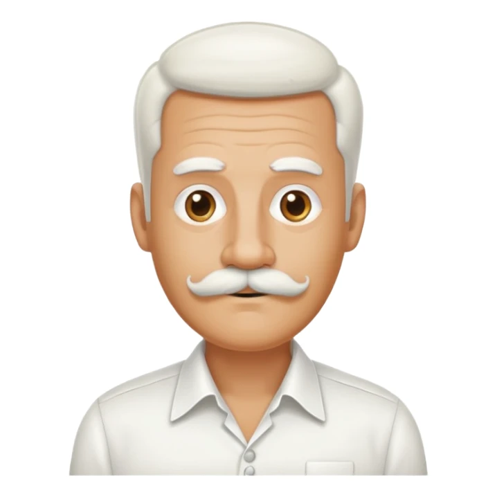 man with oval-shaped flat-top head, bushy white mustache, wearing a white shirt with three white buttons sticker