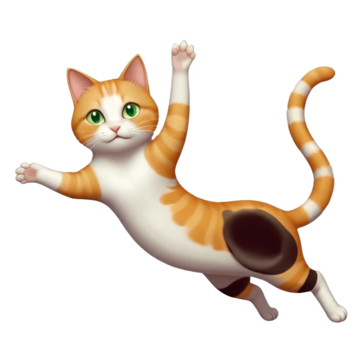 ginger and white cat with green eyes doing a big extremely long stretch reaching up into the air with arms and legs side by side together straight and overextended whilst lying on its side sticker