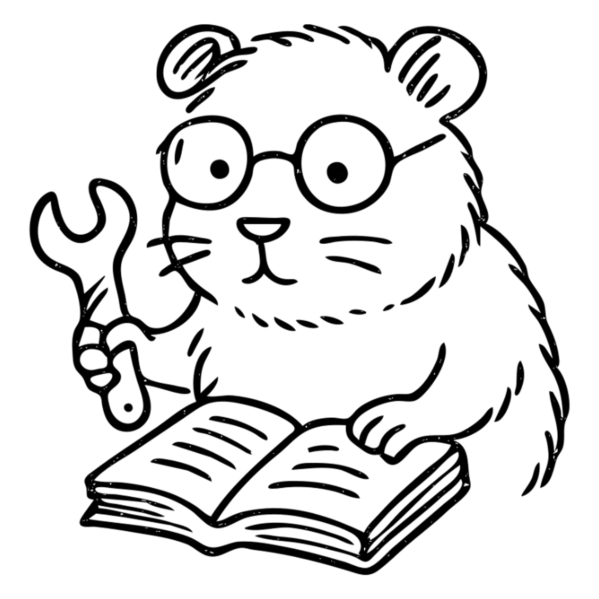 studious guinea pig with glasses, wrench, fixing a book, hand-drawn outlined icon sticker