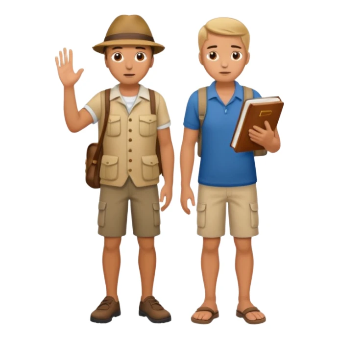 confused tourist full body, normal clothes, with a German dictionary sticker