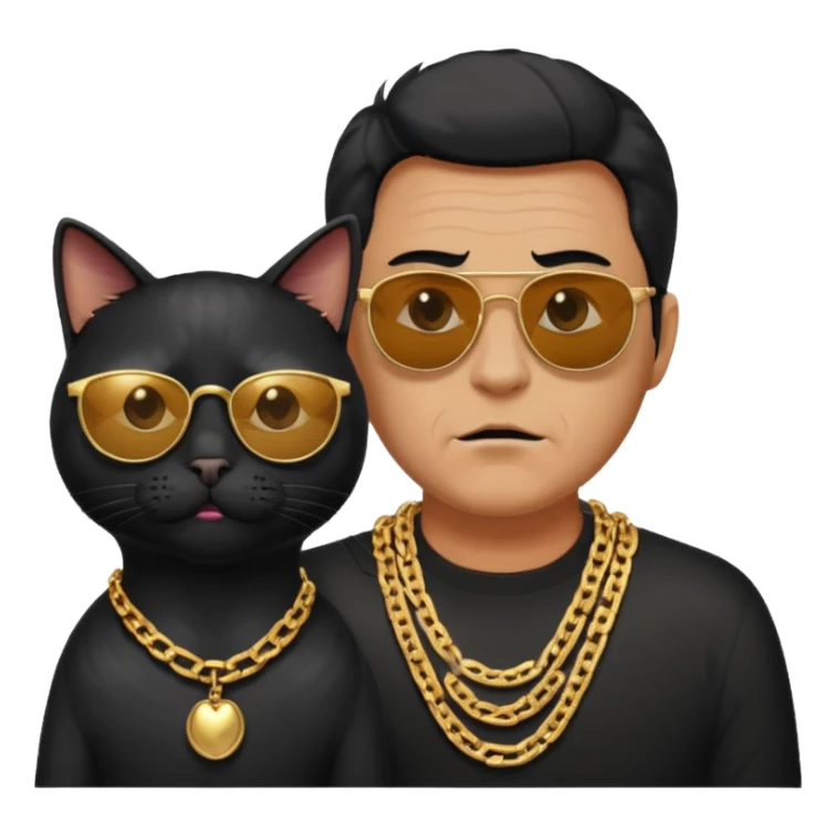 Freaky Larry is a cat with a gold chain and sunglasses standing behind a scared man with no facial hair. Make sure the cat is black sticker