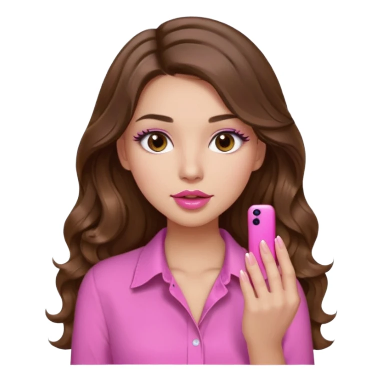 girl with long wavy brown hair, brown eyes, light to medium complexion, in a pink shirt, pink lips, long lashes, puckered lips, showing off a pink manicure sticker