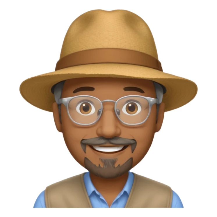 Brown man smiling not showing teeth, wide rimmed hat, clear glasses, gray goatee sticker