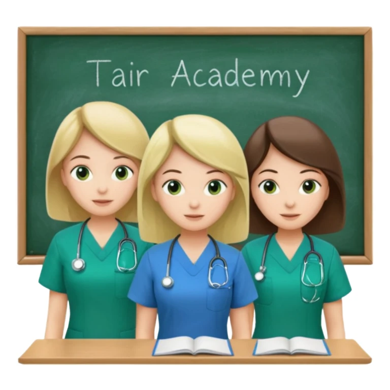 3 different nurses, wearing green and blue work clothes, in a classroom, "Academy" written in white on board sticker